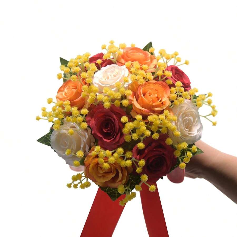 Wedding Bouquet Artificial Rose Bouquets Bridal Wedding Photo Booth Props Wedding Decorations - 紅色 - 查看 1