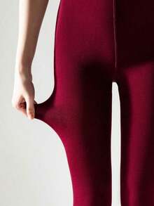 1 Pair Women's Wine Red Fleece Tights, Elastic Fitted Thin Fleecy Leggings For Autumn And Spring - 巧克力棕 - 查看 7
