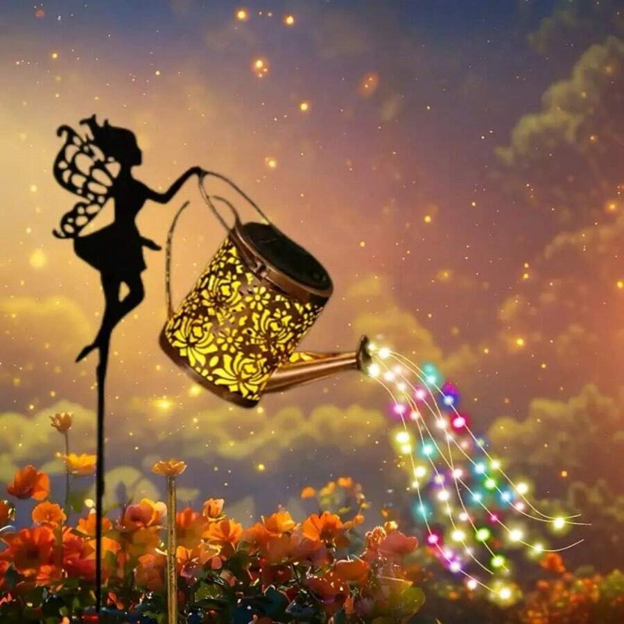 1 Solar Fairy Watering Pot Light, Metal Pot Garden Decoration With LED Water Waterfall Light, Outdoor Solar Ground Light, IP65 Waterproof, Suitable For Garden Path Lawn Garden Halloween Decoration Lighting - 銅色 - 查看 1