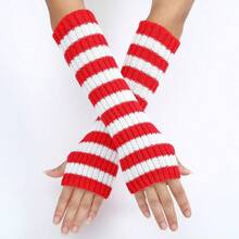 Long Color-Block Striped Wool Gloves Autumn And Winter New Mid-Length Fingerless Women's Warm And Fashionable Knitted Arm Sleeves In Various Colors - 紫色 - 查看 8