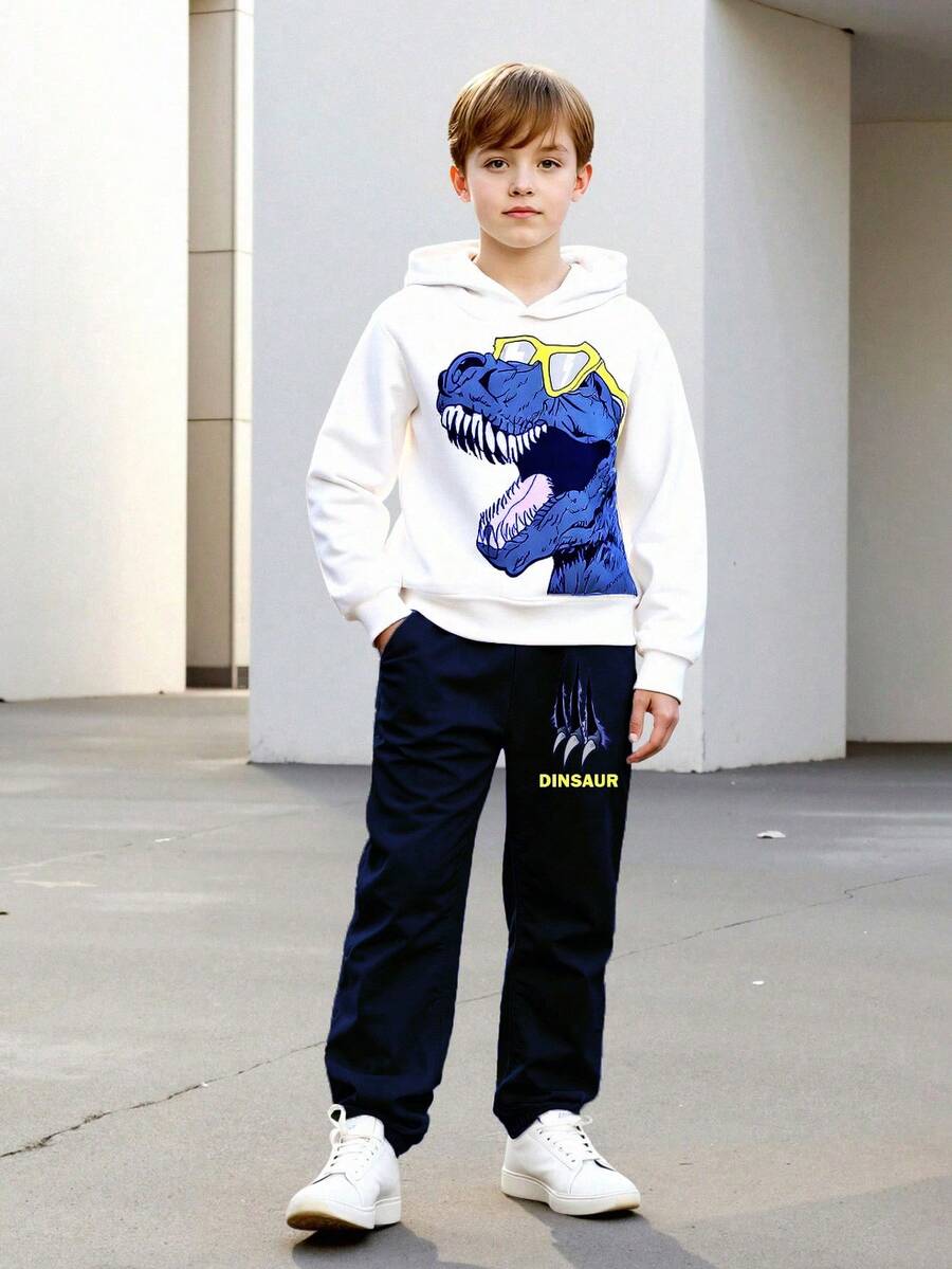 2 件套男童眼镜和恐龙印花连帽衫和爪子字母图案裤子休闲舒适街头服饰，春秋季 - 藍色 - 查看 1