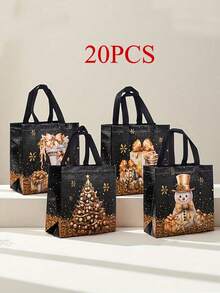 5/10/25 pièces Sacs cadeaux de Noël, sacs cadeaux de Noël noirs élégants avec poignées solides - motifs de feuille d'or de luxe (arbres, flocons de neige) - sacs non tissés convenant pour Noël, Nouvel An, fête, cadeaux de mariage - emballage cadeau et décorations de fête de Noël premium, sacs cadeaux de fête de Noël, sacs de fête durables