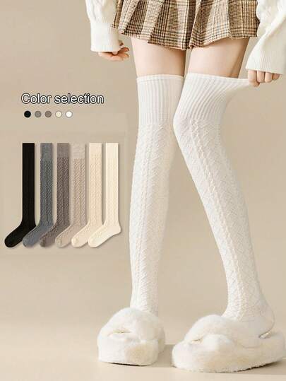 1 para skarpetek za kolano dla kobiet, dzianinowy wzór warkoczowy, grube białe pończochy za kolano w stylu vintage, jesień/zima