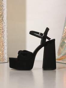 1双纯色夜店风PU皮搭扣凉鞋，性感时尚优雅黑色蝴蝶结超高跟防水厚底凉鞋，适合女士春夏穿搭 - 黑色 - 查看 5