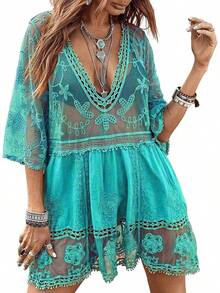 Women's Contrast Lace Loose Swimsuit Cover Up Beach Dress - Swimwear 2025 IBGX - Blue - View 12