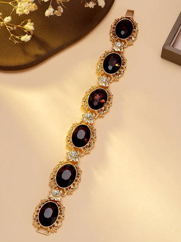 1pc Vintage Gold & Burgundy Gemstone Rhinestone Bracelet, Suitable For Retro Palace Theme Party, European & American Style Evening Gown, Vintage Jewelry Collection Display, Retro Dress Accessory Matching