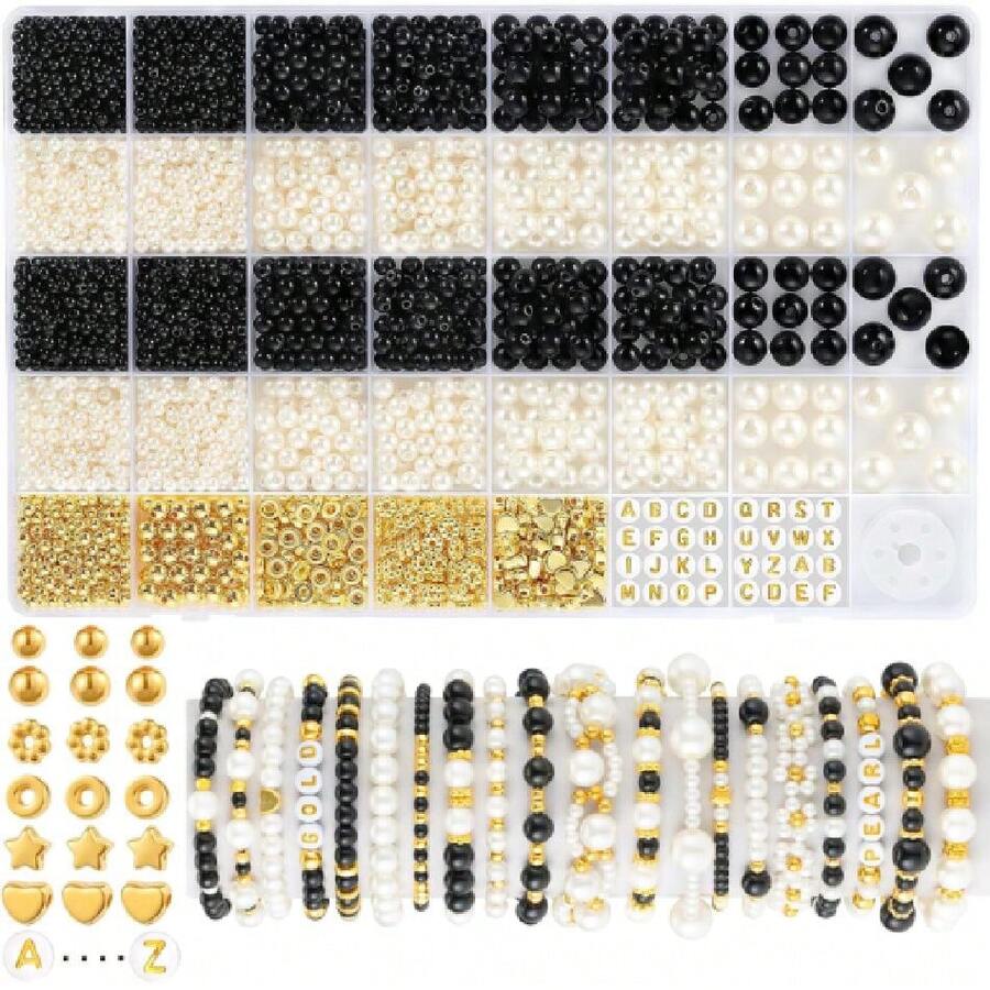 2230pcs Black And White Pearl Beads, 5 Sizes Round Pearls Beads For Jewelry Making Bracelets, Small Black Pearls With Gold Spacer Bead Letter Bead For Crafts Necklaces Earrings DIY,25528913 - 黑色 - 查看 1