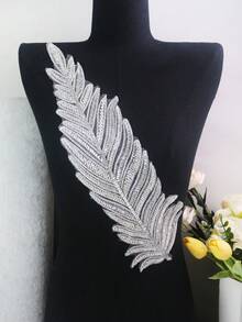 1pc/Pack, 4 Color Options, New Leaf Shaped Mesh Lace Embroidered Beaded Applique Patch, Handmade, Suitable For Apparel Accessories, DIY Wedding Dress Decor, Length: 40cm/15.7in