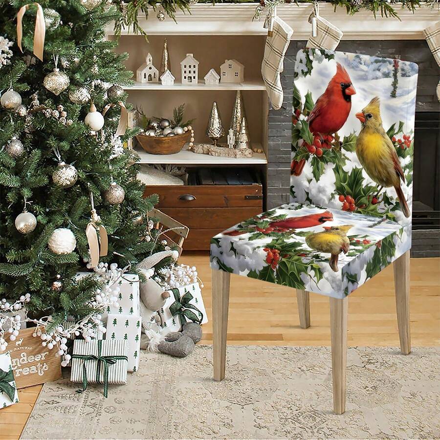1pc/Set Christmas Bird Milk Silk Stretch Chair Cover, Christmas Restaurant Seat Decoration, Christmas Party Decor, Christmas Home Decor - Multicolor - View 1