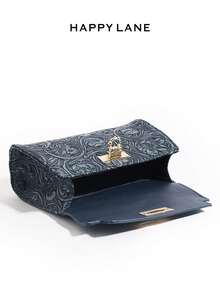 HAPPY LANE Fashionable Brown Patchwork Minimalist Style Handbag, Retro Vacation Vibe Shoulder Bag, Comes With Ribbon Accessory, Suitable For Business, Casual, Shopping, School, Front Twist Lock Handbag, Detachable Shoulder Strap, Crossbody Bag, Lightweight & Durable, Vintage Charm, Elegant & Unique Style For Women, Versatile For Any Occasion - 藏蓝色 - 查看 7