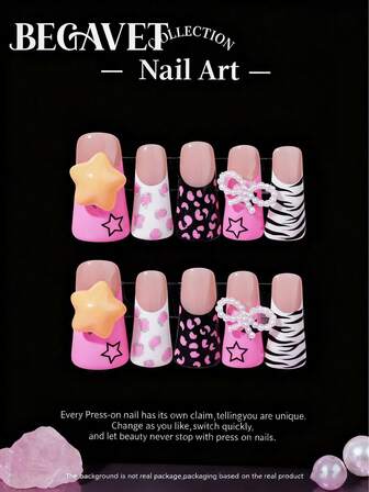 BEGAVET Y2K Nails 10 Pieces Handmade Salon Quality Manicure Press-On Nails Zebra Print Long Duckbill Exclusive Design 3D Nail Strips With 3D Charms For Party/Music Festival And Daily Wear