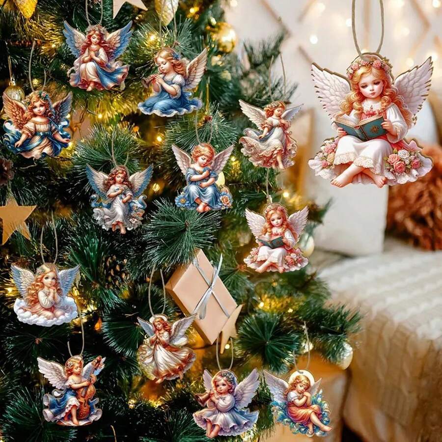 Adornos navideños colgantes de ángeles, juego de 12 piezas, lindas decoraciones navideñas de madera para colgar en el árbol de Navidad. - vistoso - Ver 1