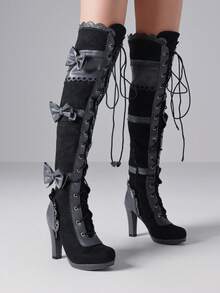 Women Over The Knee Y2K Fashionable Boots Chunky Heel With Side Zipper Gothic Bowknot Club Party Shoes Fall Winter Shoes - màu đen - Xem 1