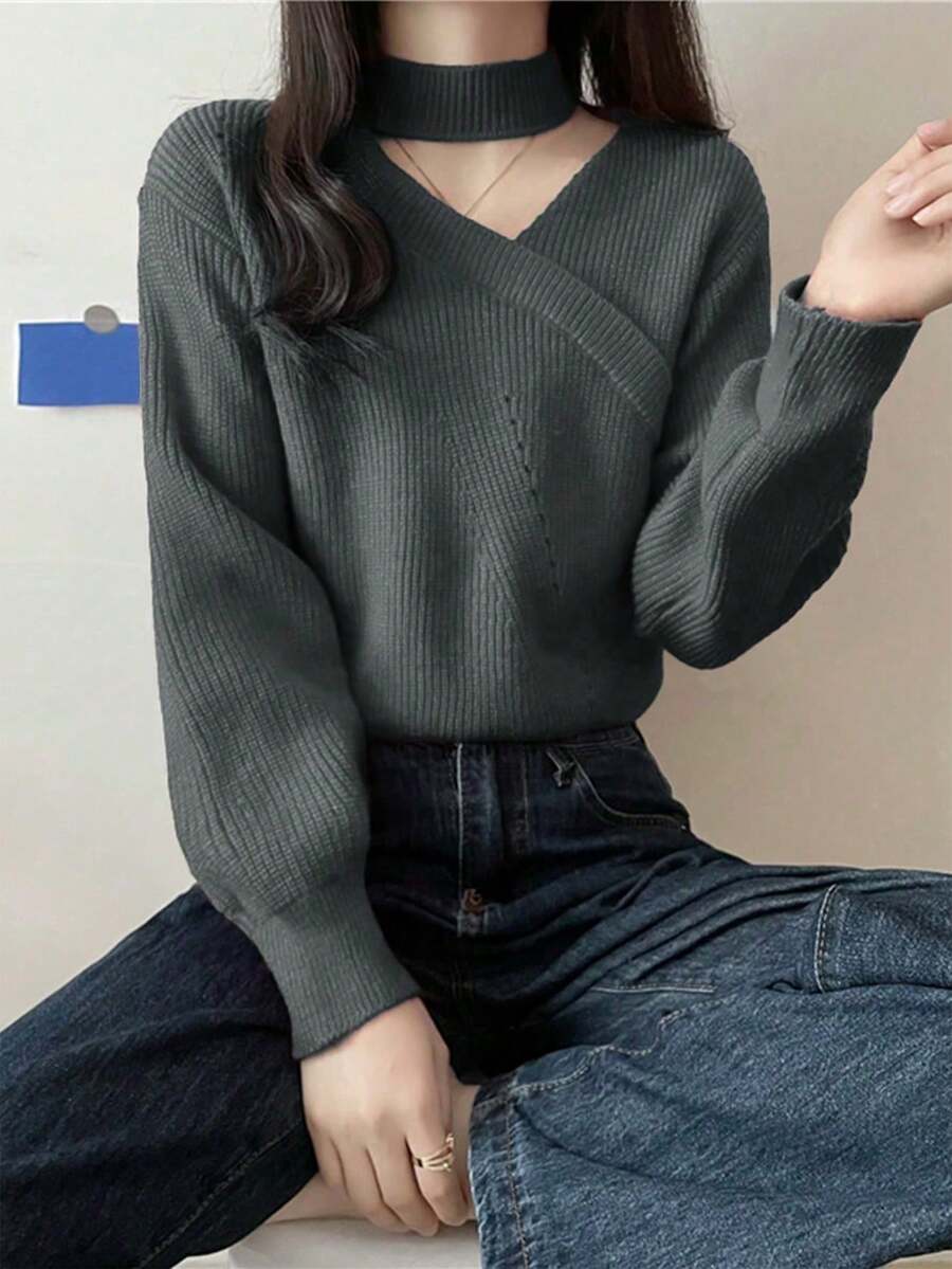 新款韩版不对称斜领灯笼袖宽松短款针织衫 - 灰色 - 查看 1