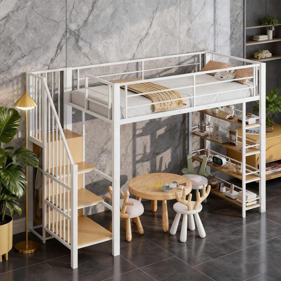 Loft Bed 90x200 Cm – Space-Saving & | Integrated Wardrobe With Storage Space | & High Safety Fence Design | White Single Bed & Youth Bed - White - View 1