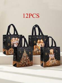 5/10/25 pièces Sacs cadeaux de Noël, sacs cadeaux de Noël noirs élégants avec poignées solides - motifs de feuille d'or de luxe (arbres, flocons de neige) - sacs non tissés convenant pour Noël, Nouvel An, fête, cadeaux de mariage - emballage cadeau et décorations de fête de Noël premium, sacs cadeaux de fête de Noël, sacs de fête durables