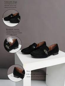 Women's Fashion Metal Buckle Round Toe Low Heel Flats - Black - View 2