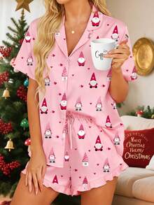 2Pcs Christmas Pajamas Sets For Women Lapel V Neck Short Sleeve Christmas Themed Print Tops And Drawstring Waist Shorts - Pink - View 4