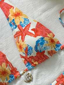 Women's Floral & Shell Print Bikini Set, Drawstring Design, Suitable For Beach Vacation, Pool Party And Summer Outing - Multicolor - View 5