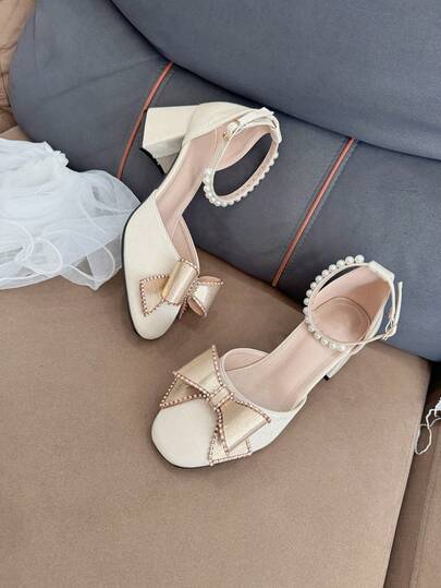 Zapatos de princesa de moda para adolescentes, tacones altos de punta cuadrada, decorados con lazo dorado brillante y cristales, románticos y lindos