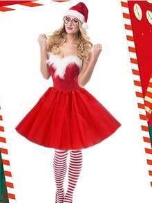 4 件套女士圣诞服装套装 - 圣诞帽、手套、条纹袜、红色薄纱裙、圣诞节假期角色扮演服装