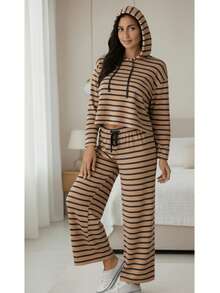 Conjunto de 2 pzas para mujer Sudadera con capucha diseño rayas - beige y negro - Ver 1