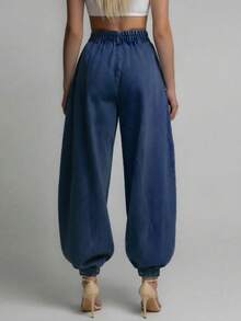 女士休闲宽松阔腿褶皱卷边薄款牛仔裤，春秋 - 深藍 - 查看 2