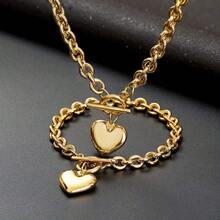 Silver 18k Gold Gold Plated Charm Chunky Stainless Steel Chain Heart Toggle Choker Bracelet Necklace Set Womens Fashion Valentine Jewelry Set - 不銹鋼 - 查看 3