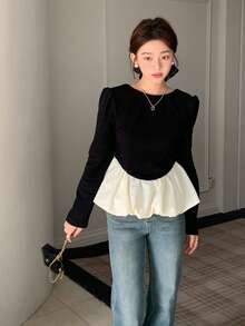 Casual Sweet Ballet Style Layered Blouse With Ruffle Trim And Long Sleeves, Suitable For Women In Spring And Autumn
