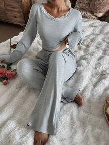 Nina Bonheur 2pcs Women Lace Patchwork Long Sleeve Top + Elastic Waist Pants Cute Pajama Set - Grey - View 6