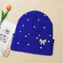 Women Knitted Hat, Bow Pearls Shiny Rhinestones Soft Crochet Hat Warm Winter Cap For Indoor Outdoor - Xanh đậm - Xem 5
