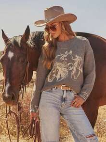 Áo len nữ kiểu miền Tây với họa tiết ngựa. - Xám - Xem 4