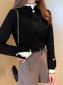 女式秋冬二合一高领针织毛衣，新款分层长袖上衣 - 黑色 - 查看 6
