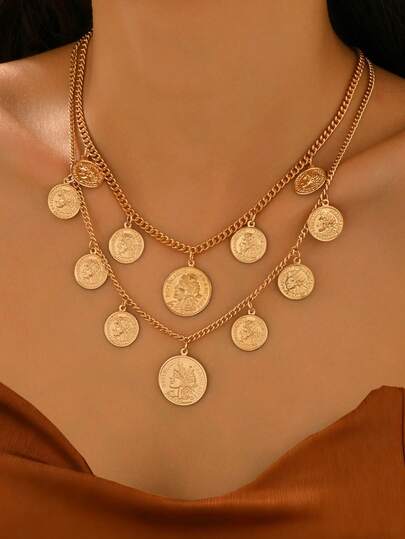 1pc Fashionable Vintage Coin & Badge Pendant Multilayer Necklace, Minimalist Elegant Jewelry For Women, Suitable For Casual, Holiday, Date, Party, Gift, Adjustable Length