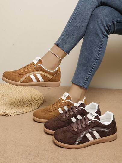 复古时尚户外运动跑步鞋，女士休闲系带平底鞋，百搭绒面系带女式运动运动鞋，时尚姜黄色新款休闲运动鞋