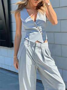 女士纯蓝色休闲优雅通勤不对称前开式西装背心，适合日常外出、通勤、约会、街拍、圣诞节、情人节等场合 - 淺藍色 - 查看 7