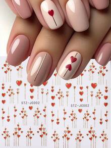 2pcs Red Heart Nail Sticker With Shiny Golden Stripe Line Design Valentine's Day Romantic Self-Adhesive Acrylic Nail Art Decals For DIY Manicure Nail Art Charms Nail Supplies - Multicolor - View 3