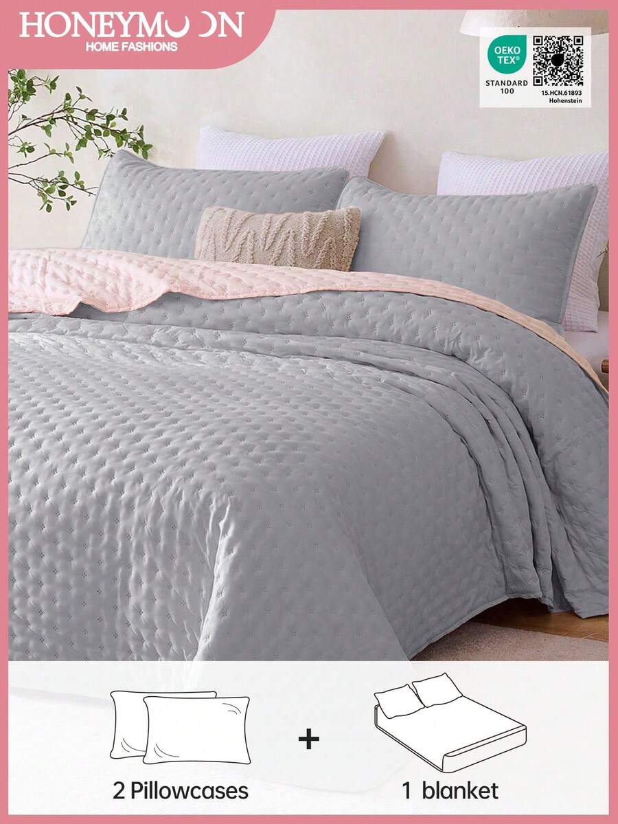 2/3-teiliges Superweich Mikrofaser Ultraschall Stich Ganzjahres Tagesdecken Set, klassisch eleganter Stil kuschelige Bettdecke, leichtgewichtig wie eine Wolke Bettwäsche Steppdecke, Steppdecke*1 Kissenbezug*2, Oeko-Tex zertifiziert, Grau und Hellrosa