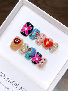 10 Móng Tay Giả Thủ Công Nguyên Chất, Hình Vuông Ngắn, Được Vẽ Tay và Khắc Hình Graffiti Cá Nhân Hóa, Móng Tay Giả Dán Thủ Công. - Nhiều màu - Xem 5