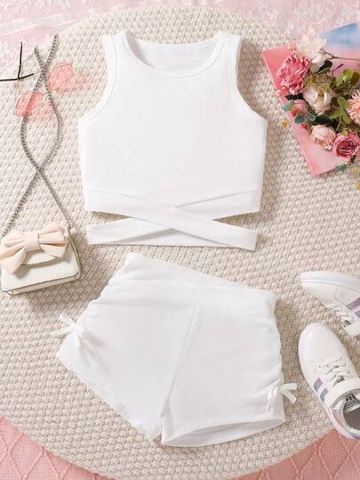 Young Girl Solid Color Round Neck Criss-Cross Hem Tank Top And Shorts Set