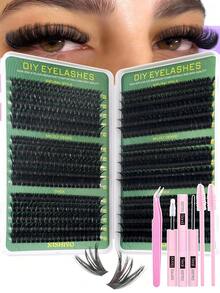 600/570/300/290/270片装个人假睫毛套装，D型卷度10-16mm混合DIY假睫毛套装，自然逼真，柔软顺滑，浓密耐用，包含胶水、封层剂、镊子，适合初学者，日常、派对、音乐节等场合。 - 彩色 - 查看 3