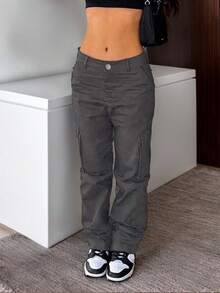 Casual Versatile Minimalist Solid Color Straight-Leg Cargo Pants Christmas Day - Xám - Xem 9