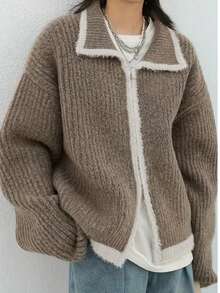 女士休闲秋装撞色领开衫针织毛衣长袖上衣 - 卡其色 - 查看 4