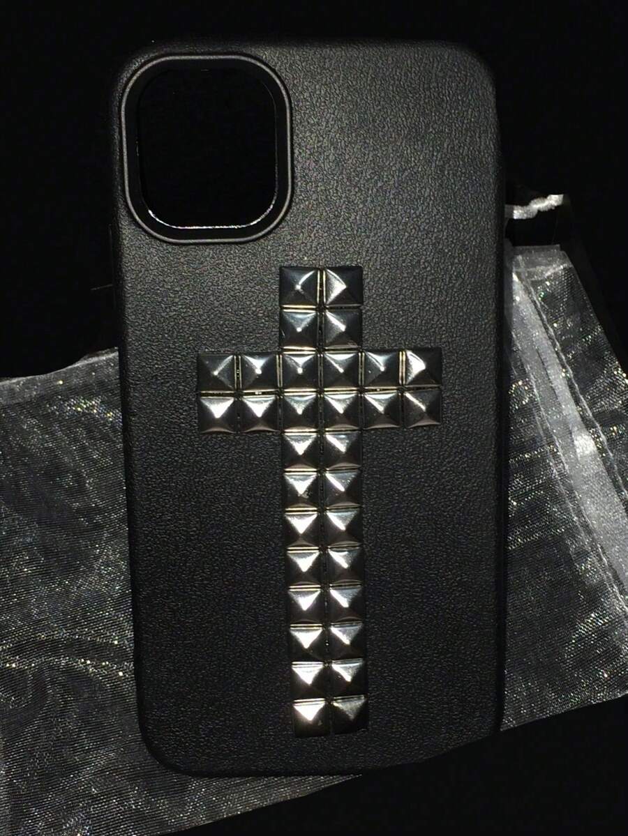 1pc Halloween DIY Punk Rivet Cross Religious Rock Rivet Metal Leather Phone Case, Compatible With Iphone 17 Pro Max 16 15 14 13 12 11 Pro Max Plus, Soft Back Cover - Black - View 1