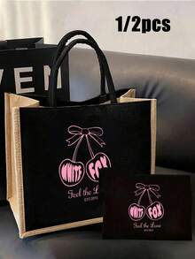 1/2pcs Ladies' Cherry Printed Handbag - Large Capacity Durable Linen Shoulder Backpack With Fixed Belt Design, Suitable For Shopping, Travel,Daily Use, Sturdy Structure,Durable Fabric, Printed, Machine Washable, Suitable For Work, School, Shopping, Birthdays, And Holiday Gifts, Women's Fashionable Handbag,Linen Tote Bag, Lightweight And Multifunctional, Suitable For Work, School Or Daily Use