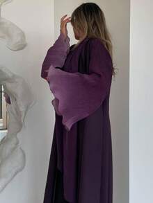 One Piece Fashionable & Minimalist Colorblock Ruffle Sleeve Midi Skirt, Women's Solid Color Middle Eastern Style Long Dress, Elegant Cardigan Robe Robe, Suitable For Daily And Holiday Wear - Violet Purple - View 3