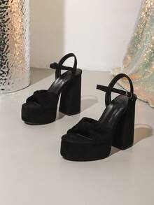 1双纯色夜店风PU皮搭扣凉鞋，性感时尚优雅黑色蝴蝶结超高跟防水厚底凉鞋，适合女士春夏穿搭 - 黑色 - 查看 4