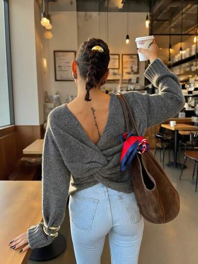 Joy Knit Back To School Casual Sexy Versatile Basic Tops, V-Neck Twist Back Criss-Cross Loose Crew Neck Long Sleeve Pullover Sweater, Office, Going Out Tops, Travel Airport, New Year, Christmas