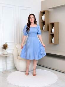 Pleated Midi Dress With Elastex Waist - 淺藍色 - 查看 1