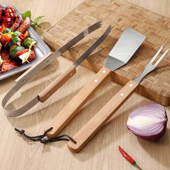 户外不锈钢烧烤工具套装，木柄叉铲夹组合烧烤套装，烧烤叉，牛肉烧烤工具，烧烤配件，不锈钢便携式户外烧烤露营烹饪烧烤工具